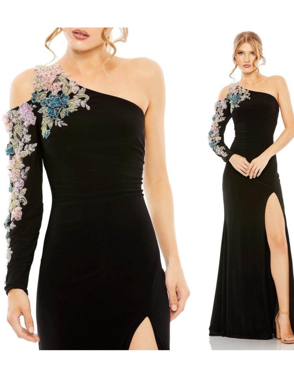 Mac Duggal One Shoulder Long Sleeve Floral Embellished Gown Size 12